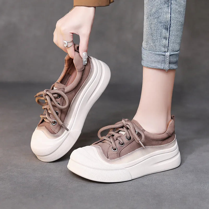 Women's yellow and brown full grain cowhide leather lace-up casual shoes with round toe.