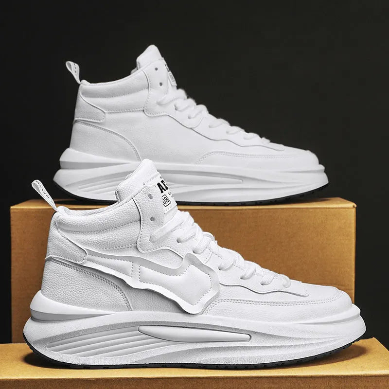 Men's black and white platform high-top board shoes with round toe design