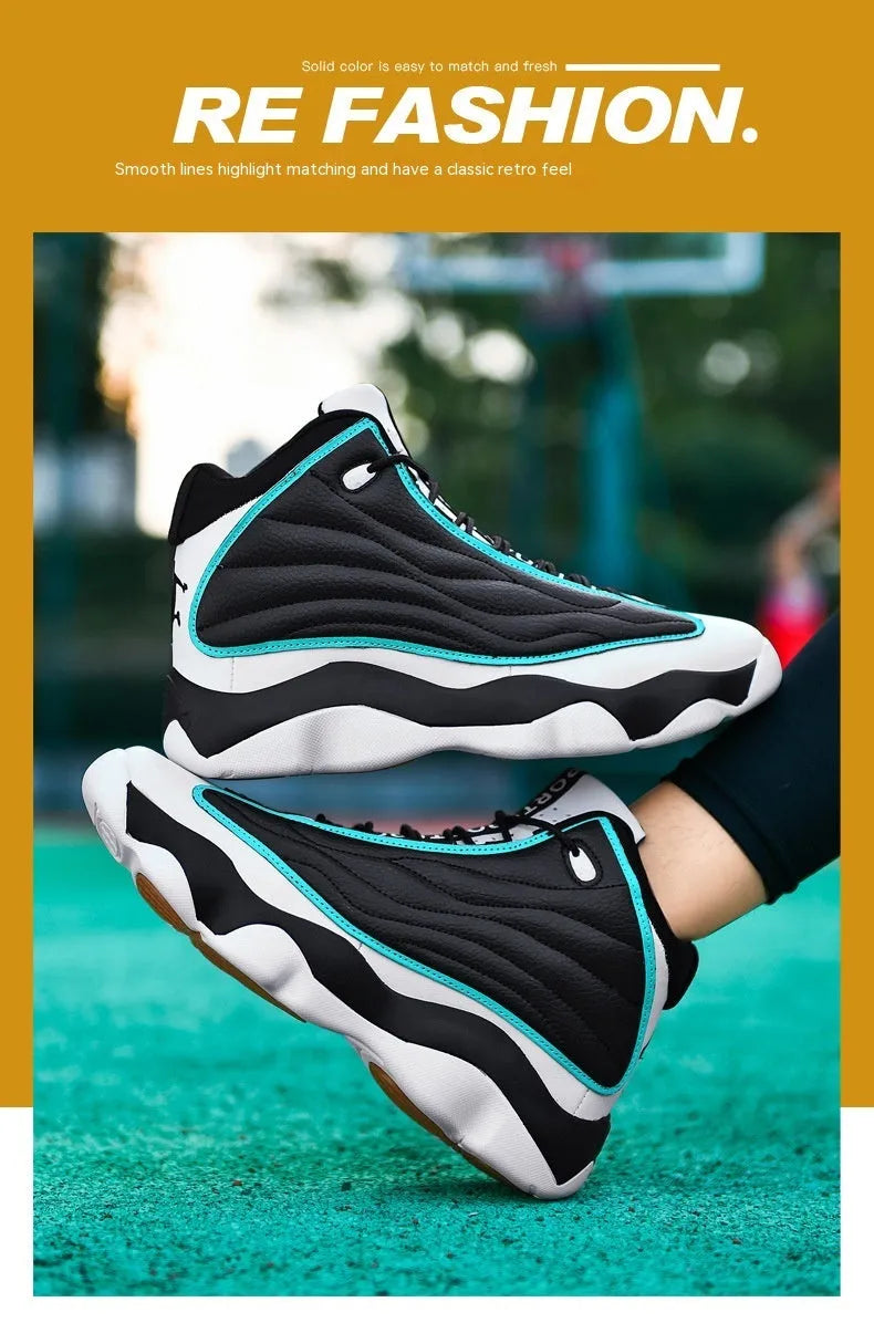 High-top basketball shoes with thick rubber soles and mesh upper in AJ13 colour options