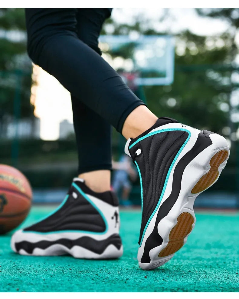 High-top basketball shoes with thick rubber soles and mesh upper in AJ13 colour options
