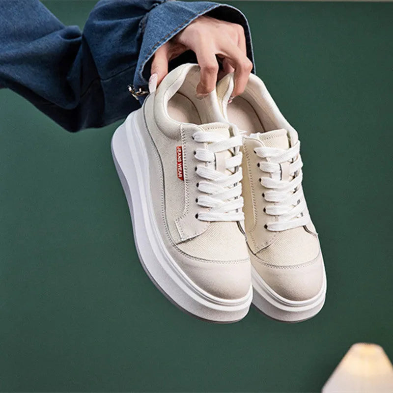 Women's beige leather platform shoes with thick soles for height increase
