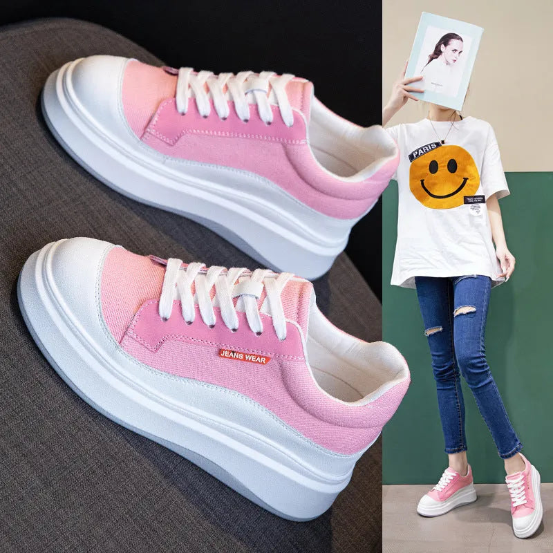 Women's beige leather platform shoes with thick soles for height increase