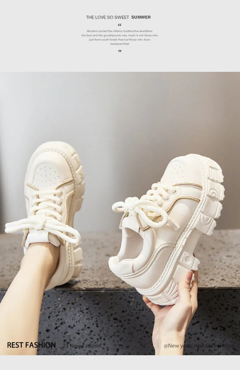 Beige and pink spring casual leather shoes with muffin bottom design and rubber foam sole