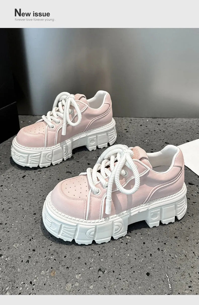 Beige and pink spring casual leather shoes with muffin bottom design and rubber foam sole