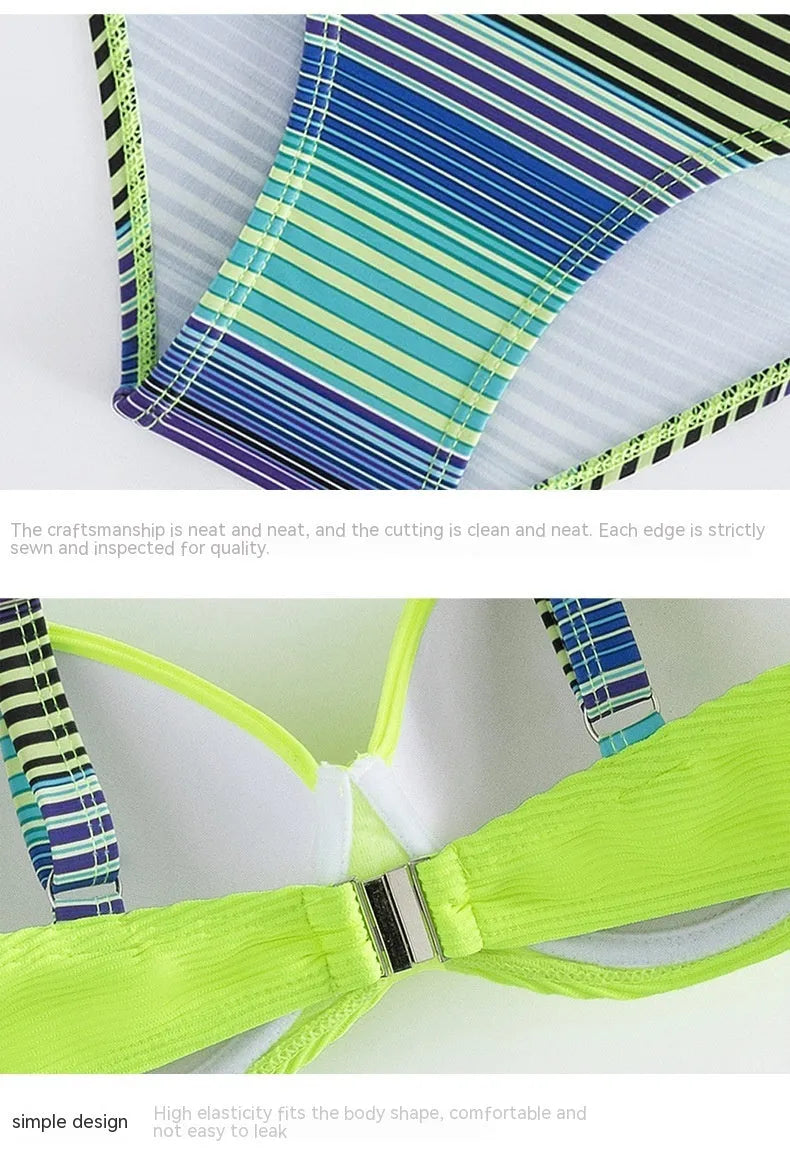 Green printed halter bikini set with split-style briefs for women