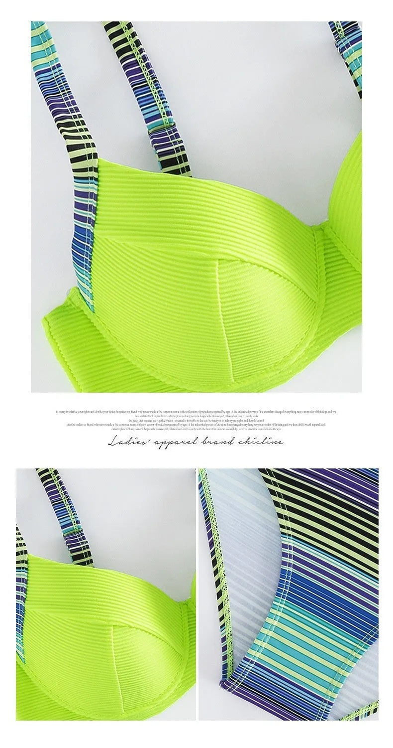 Green printed halter bikini set with split-style briefs for women