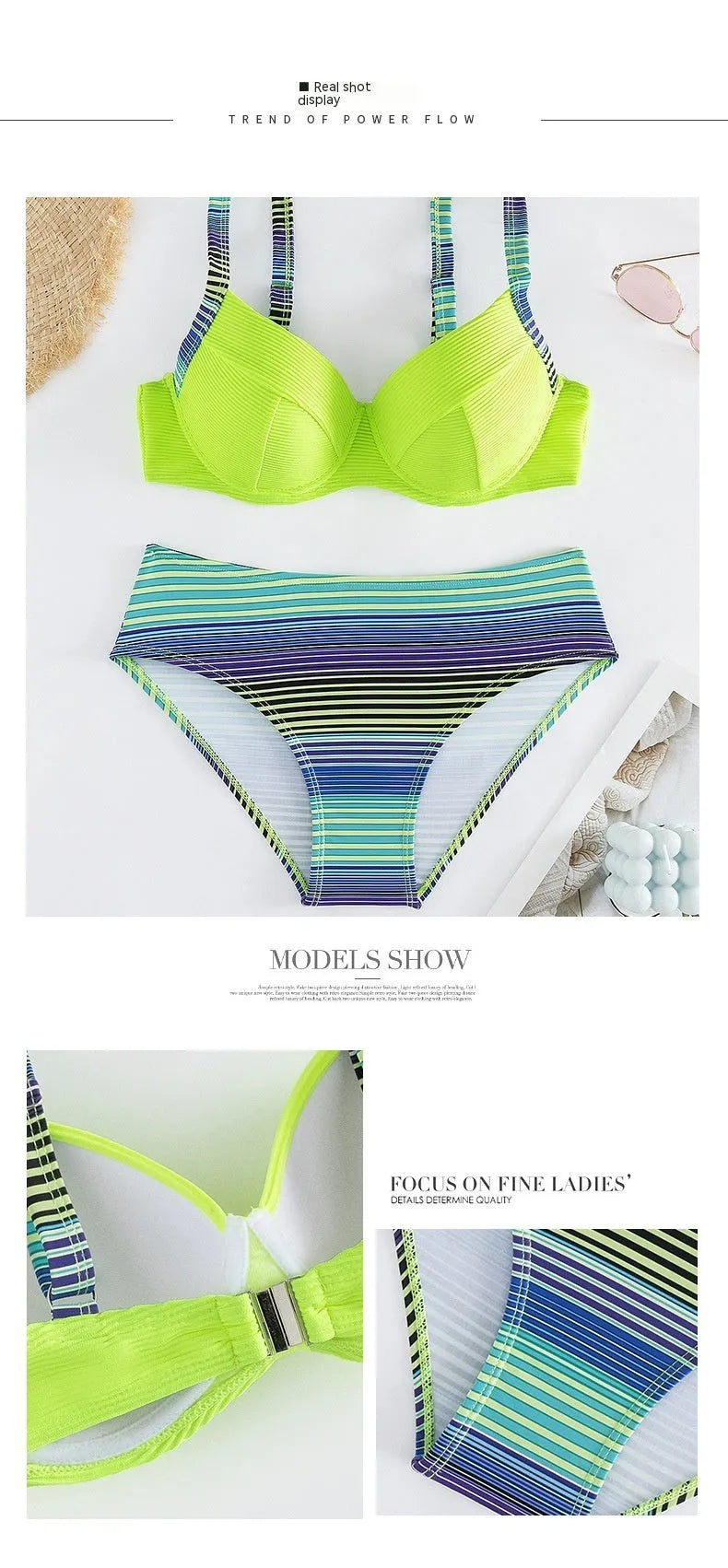 Green printed halter bikini set with split-style briefs for women