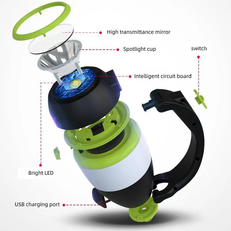 Black green multifunctional LED lamp in folded position showing USB charging port and adjustable head