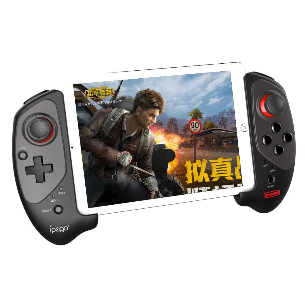 Red telescopic Bluetooth gamepad holding a smartphone, with a USB cable for PC connection.