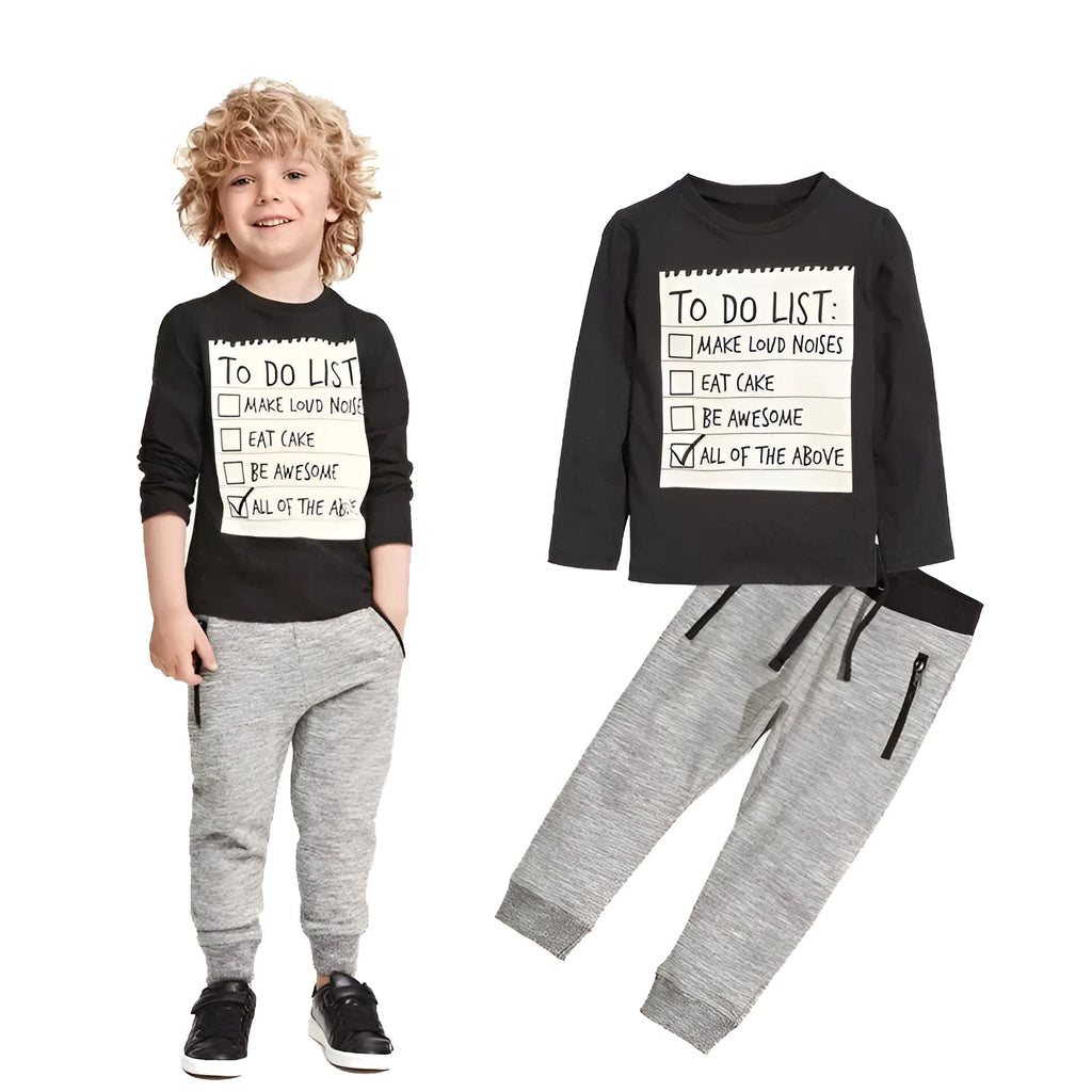 Boys two-piece cotton clothing set with long sleeves and letter pattern for ages 3-7 years