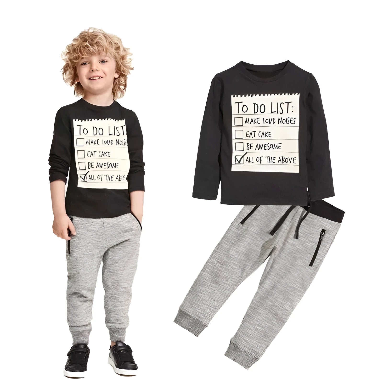 Boys two-piece cotton clothing set with long sleeves and letter pattern for ages 3-7 years