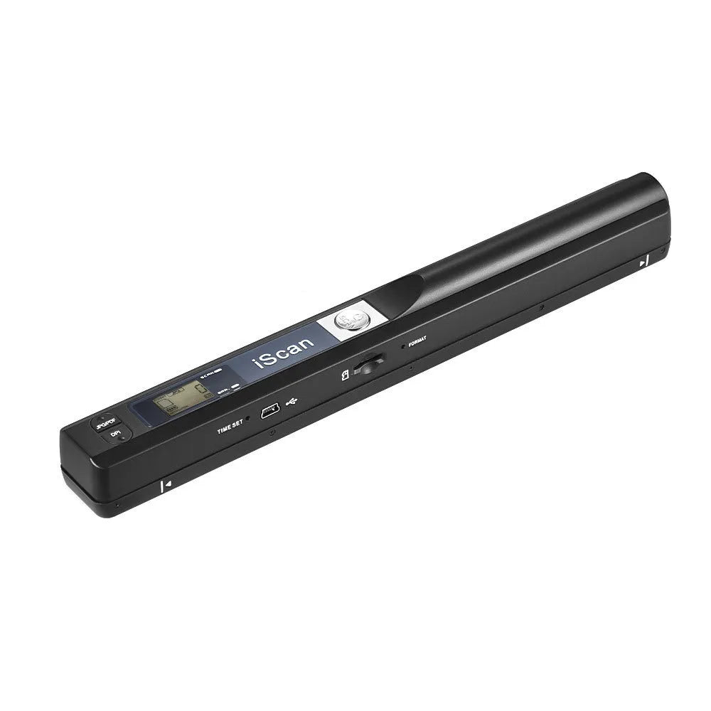 Handheld plastic scanner in multiple colours including black, blue, green, red, and silver with a USB cable.
