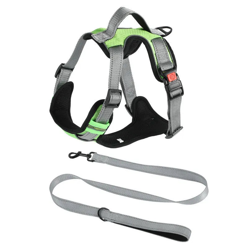 Orange polyester dog chest strap harness with an adjustable hand holding rope attached.