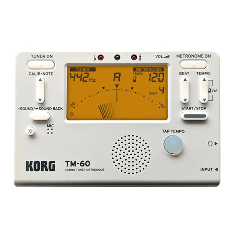 TM-60 black electronic metronome with display and controls for tempo and rhythm selection.