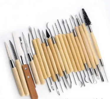 27-piece pottery clay tool set with wood, stainless steel, and plastic sculpting tools in OPP bag