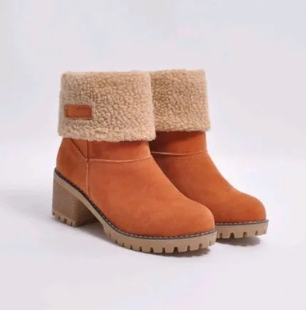 Women's suede mid-calf snow boots in multiple colours with a flat heel and round toe.