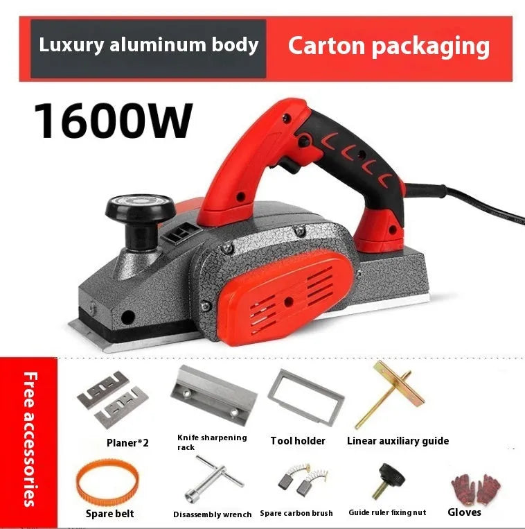 Red electric wood planer with aluminium housing showing 82mm planing width and power specifications