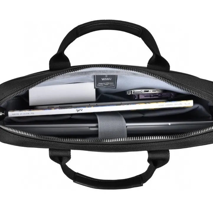 Black Oxford cloth laptop backpack showing multiple pockets, a lock, and padded laptop compartment.