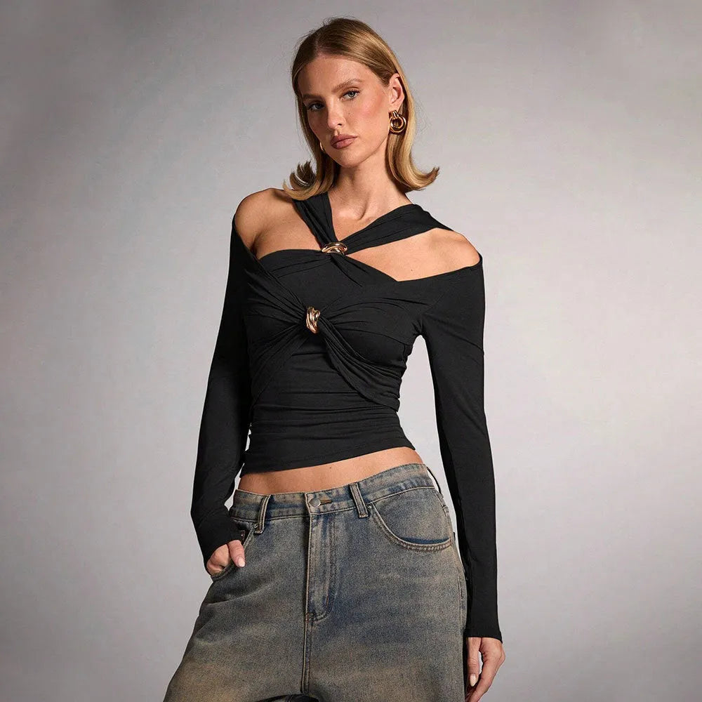 Black women's halter top with shoulder-baring neckline, slim fit, and long sleeves