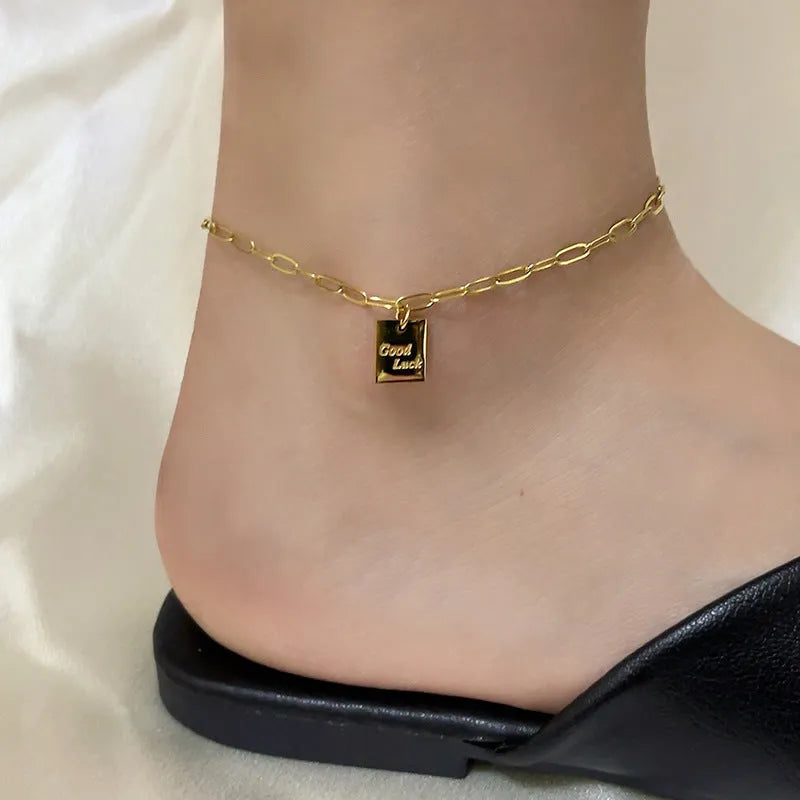 Titanium steel square plate goodluck letter anklet for women with personalised text design