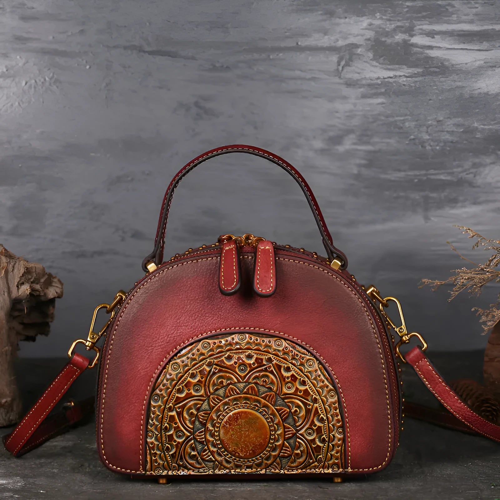 Vintage cowhide leather handbag with suede accents showing interior compartments including ID bag and mobile phone pocket