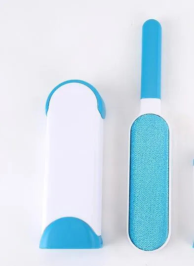 Blue reusable pet hair removal brush with self-cleaning base for furniture and clothing