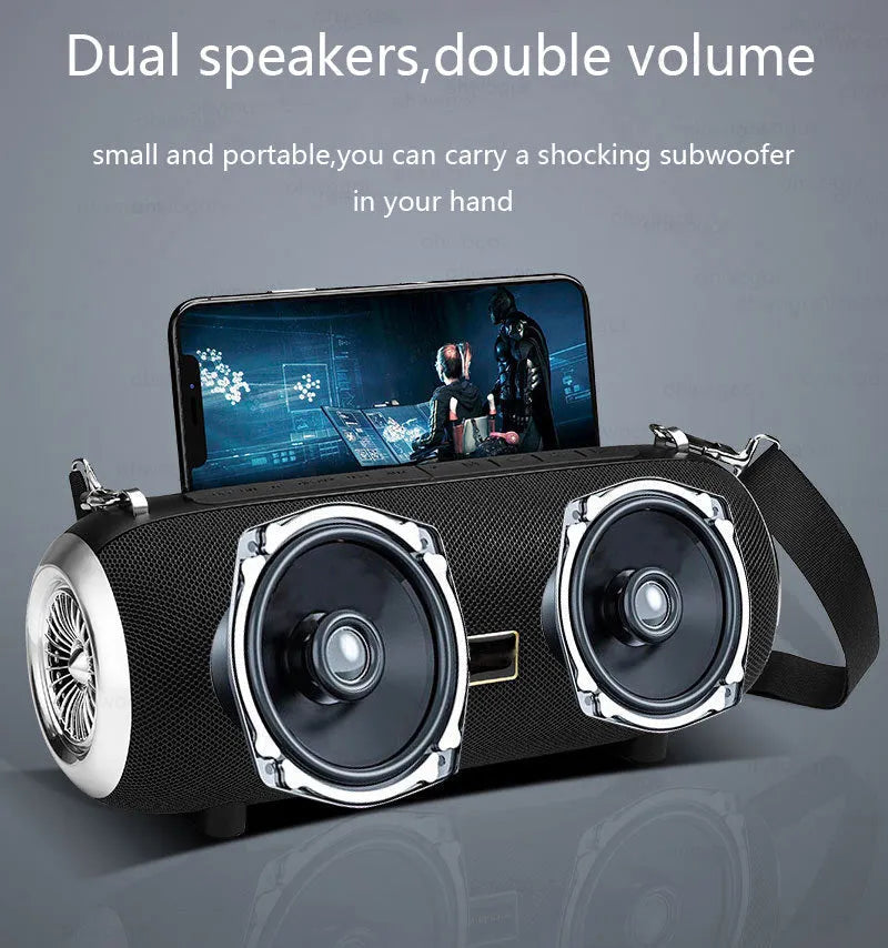 F666 portable Bluetooth speaker in chosen colour with shoulder strap, showing front grille and control buttons.