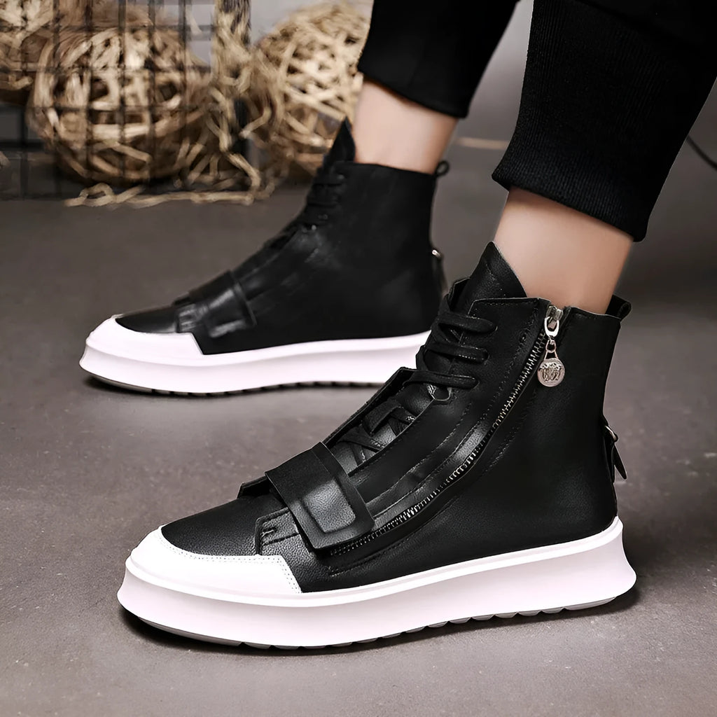 Men's black and white high-top style winter ankle boots made from PU leather and microfiber.