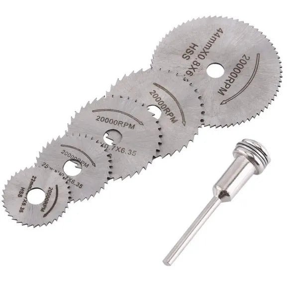 Set of 6 high-speed steel circular saw blades ranging 10-25mm with mandrel for woodworking