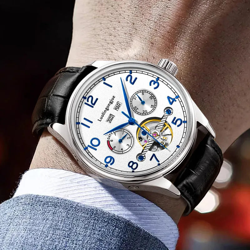 Men's stainless steel mechanical watch with sapphire crystal and leather strap for business wear