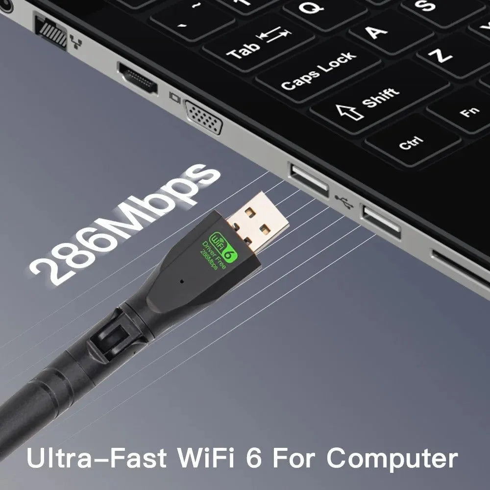 Black USB WiFi 6 wireless network adapter with driver-free installation for computers.