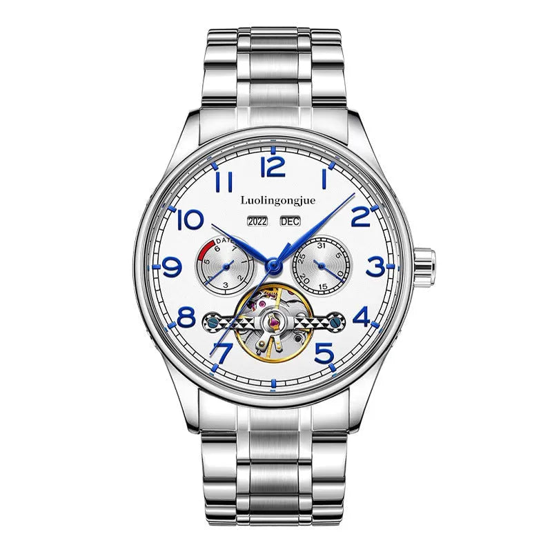Men's stainless steel mechanical watch with sapphire crystal and leather strap for business wear