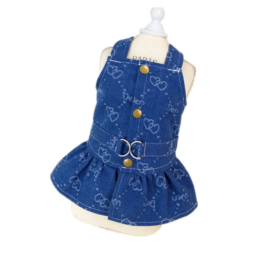 Teddy Bichon small dog wearing denim princess dress with bracket design for spring and autumn seasons