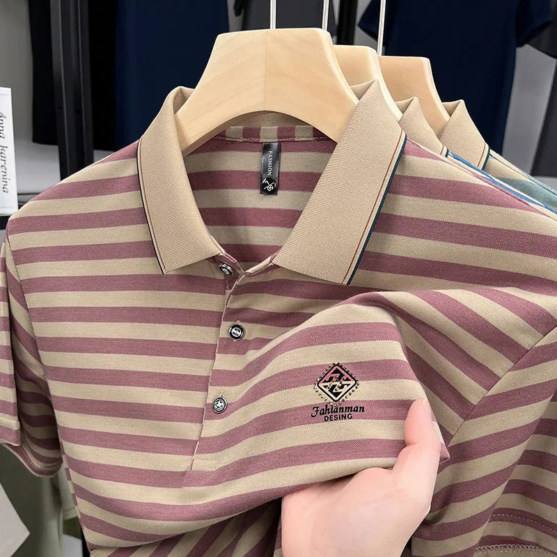 Men's striped short sleeve shirt with mosaic pattern in polyester fabric