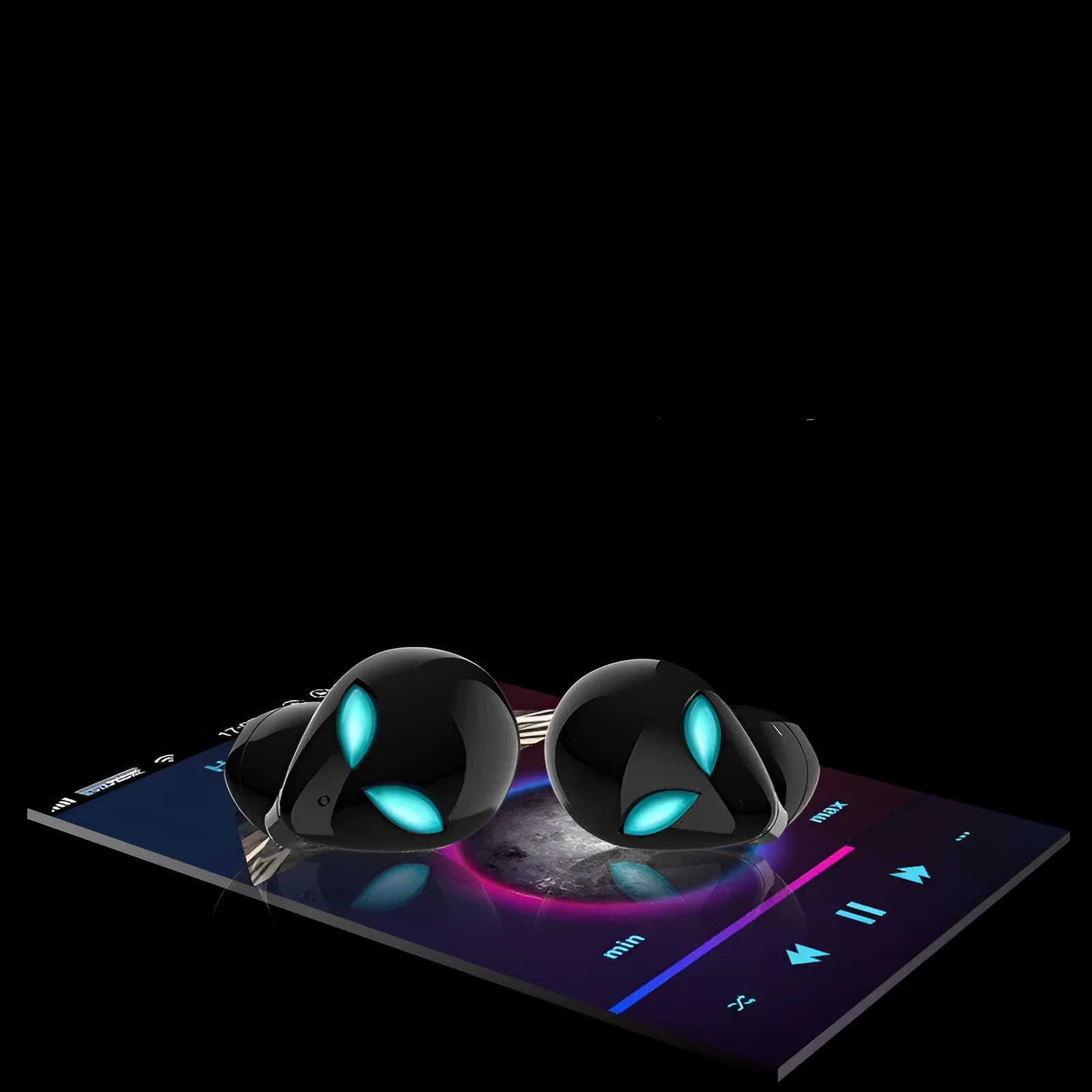 Alien-themed Creative Outer T8 Starman black wireless earbuds with red LED lights next to charging case.