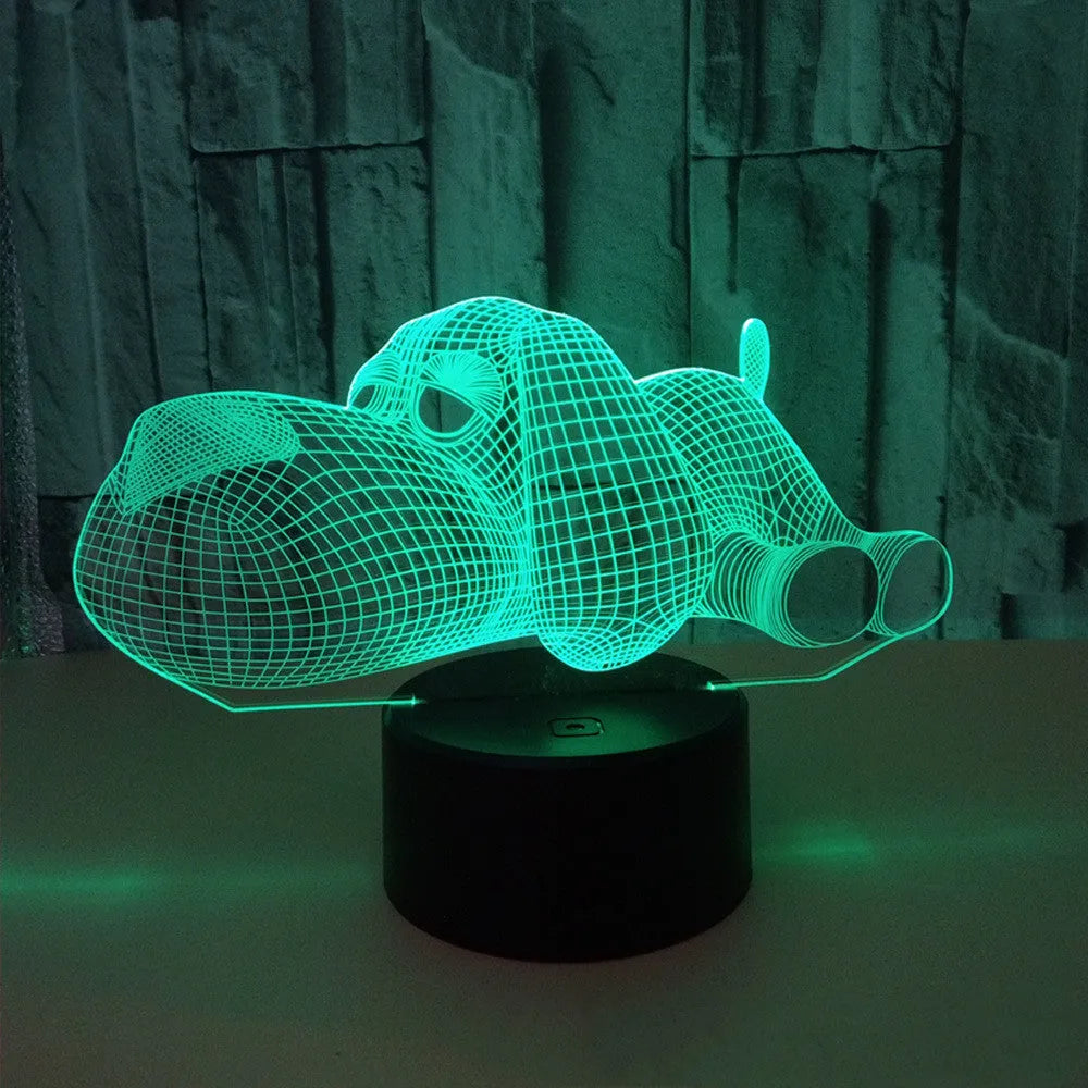 3D illusion dog desktop lamp showing colour changing options including red, green, blue, yellow, cyan, purple, and white