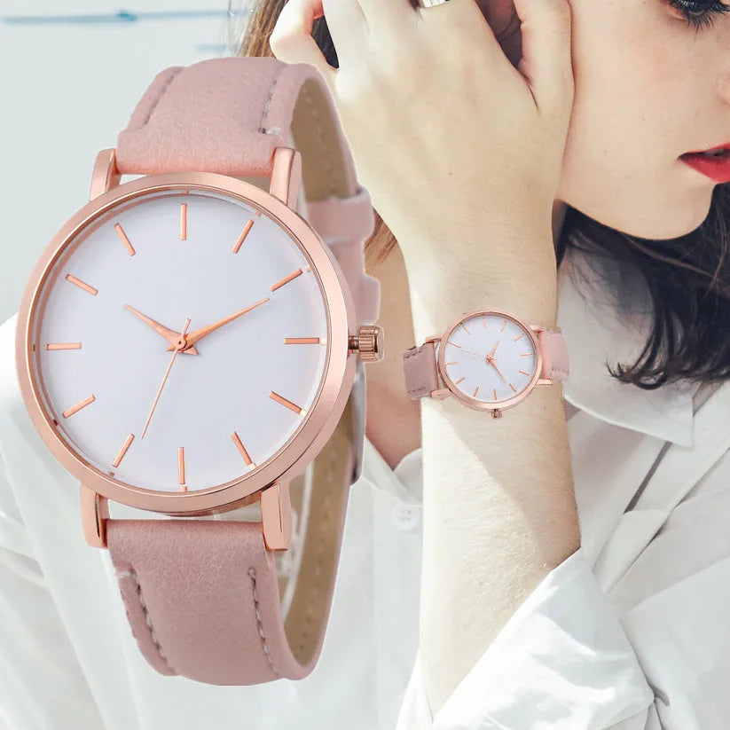 Square-faced quartz watch with a PU leather strap showing colour options on a white background.