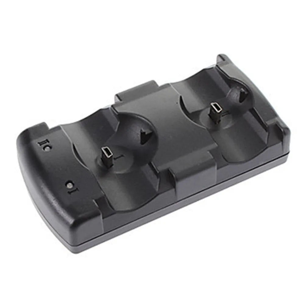 Black PS3 dual charging dock holding two wireless controllers, with a USB cable.