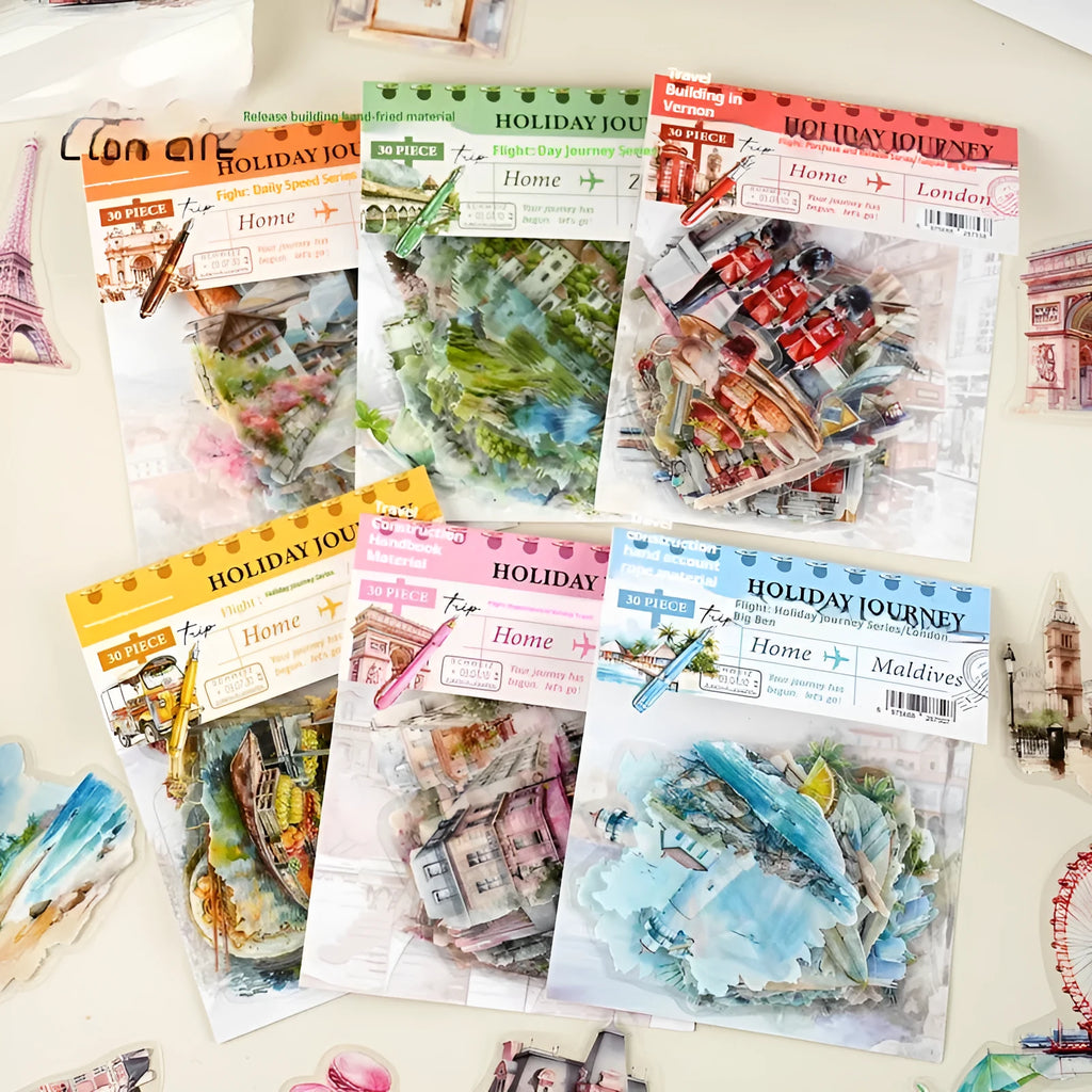Retro-style printed stickers showing architecture from Paris Arc de Triomphe, London Big Ben, Maldives, Zurich, Rome, and Bangkok.