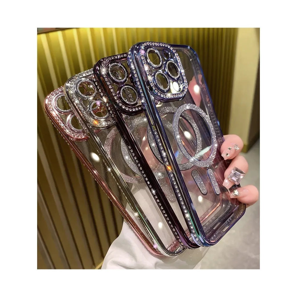 Wireless magnetic drop-resistant iPhone case in soft silicone with electroplating details.