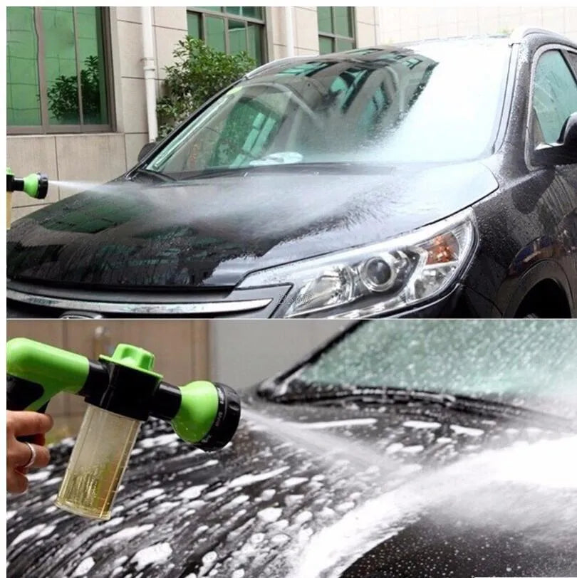 Green high pressure foam spray gun with adjustable nozzle for car washing and household cleaning.