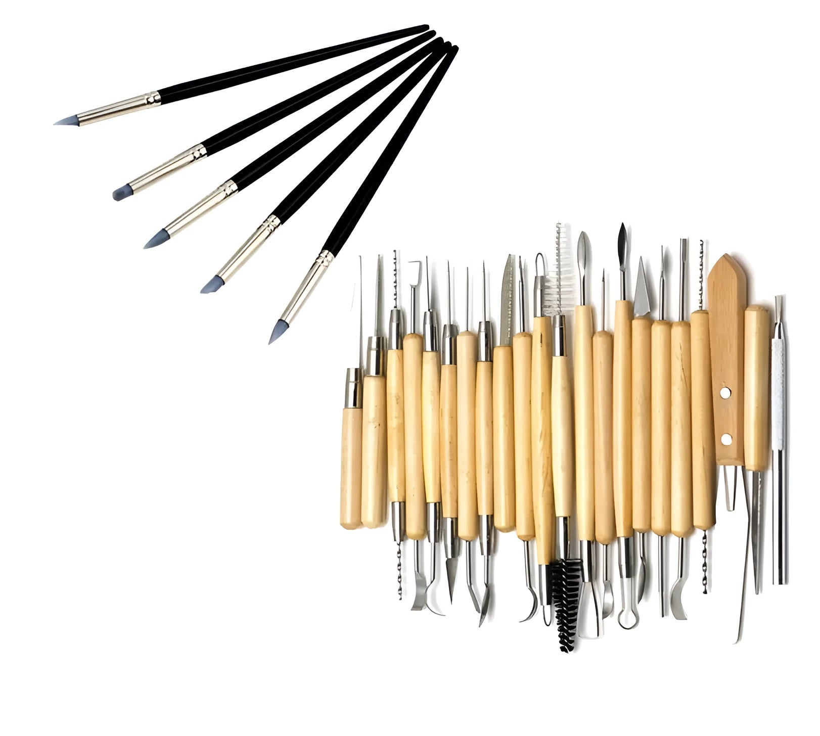 27-piece pottery clay tool set with wood, stainless steel, and plastic sculpting tools in OPP bag