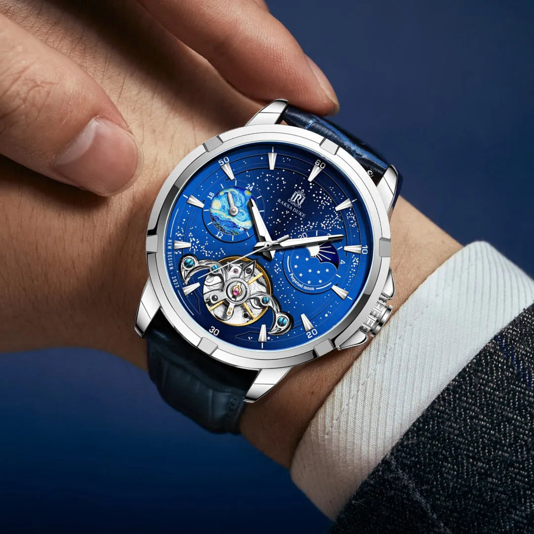 Men's blue automatic mechanical watch with stainless steel case and visible workings