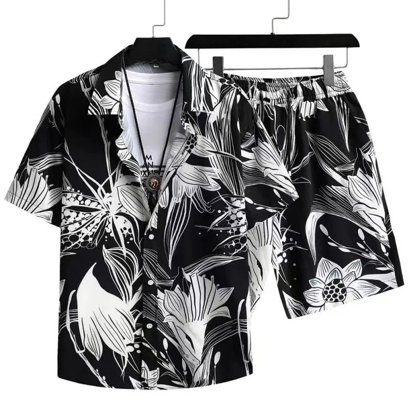 Men's short sleeve digital print suit set with matching shorts in polyester fabric