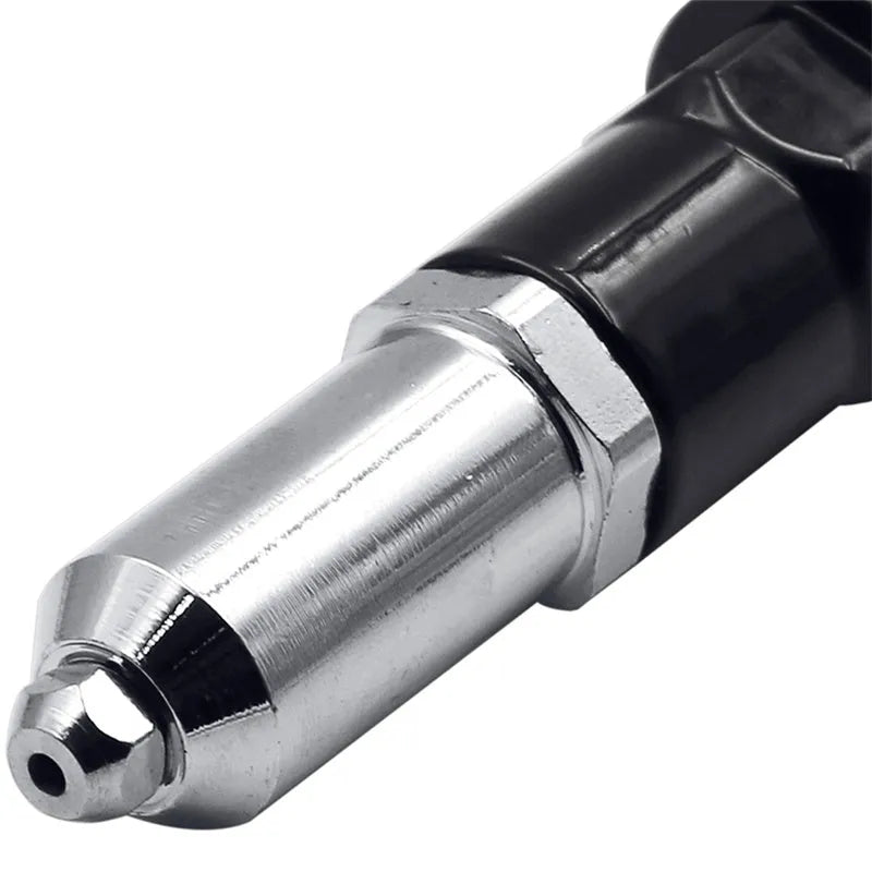 Black metal electric drill rivet gun with handle, wrench, and rivet heads, 173mm long.