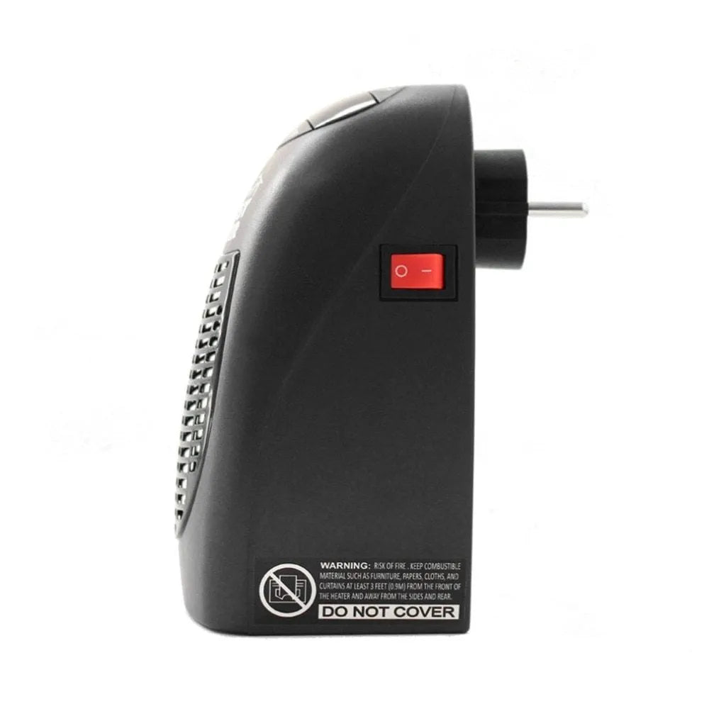 Black plastic mini electric heater with digital display and rotating plug on white background