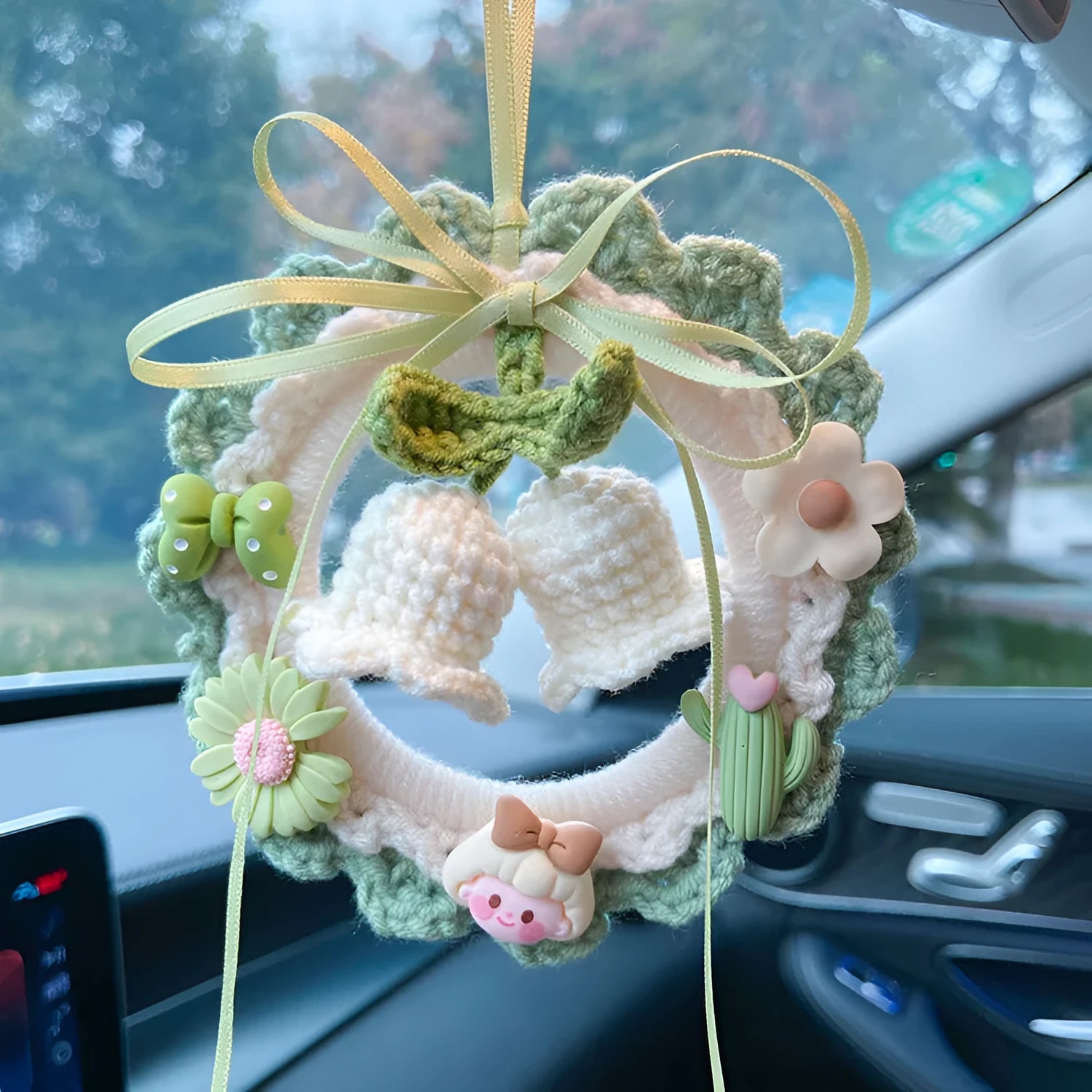 Handmade woven wool bell orchid car pendant in multiple colour options