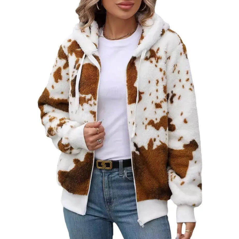 Yellow brown cow animal print hooded plush cardigan jacket with zip fastening