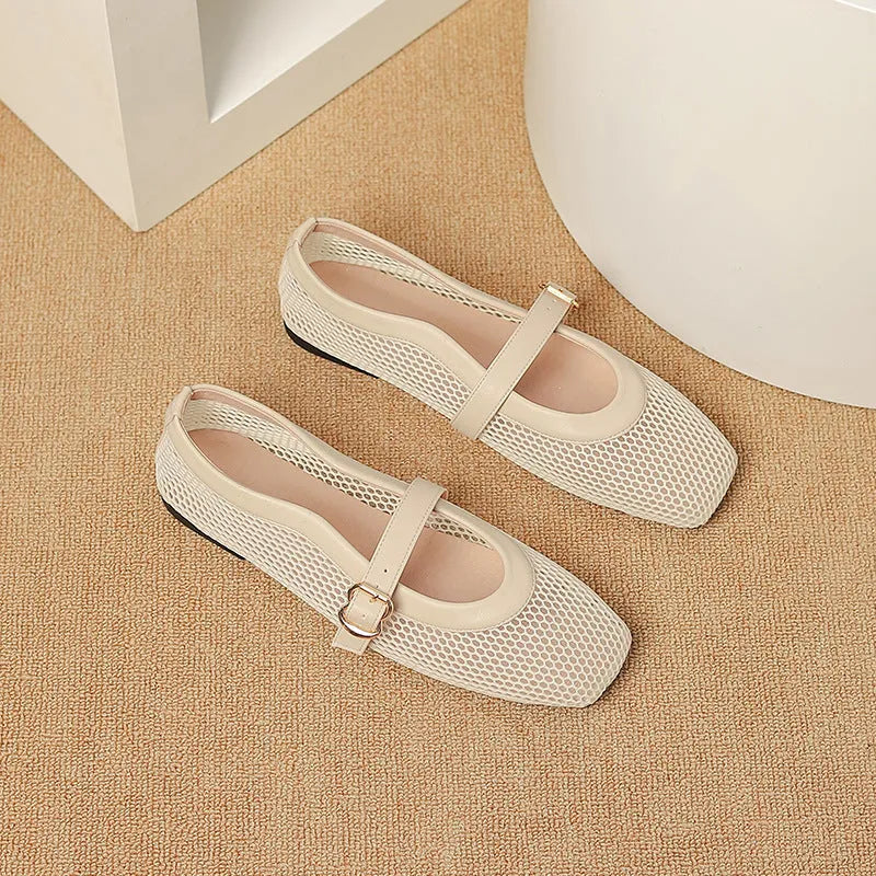 Women's breathable mesh hollow out pumps with buckle fastening and low flat heel