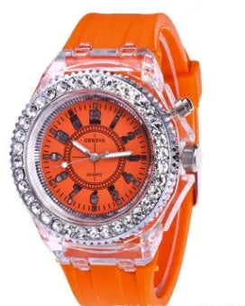 Women's LED luminous quartz watch with round 43mm dial on a silicone strap